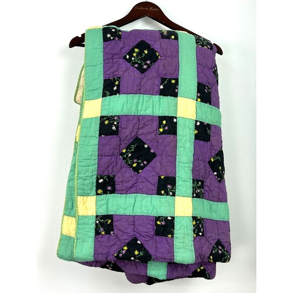 Antique Hand Stitched Square Patchwork Lattice Quilt Cream Backing 64W X 74L Rck - Picture 5 of 12